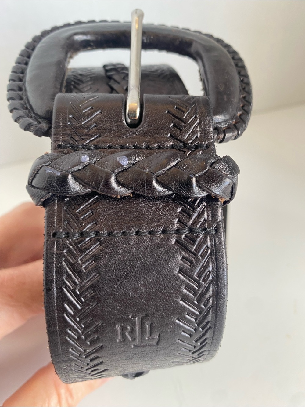 Ralph Lauren Black Braided Leather Western Heritage Braided Strip Center Small